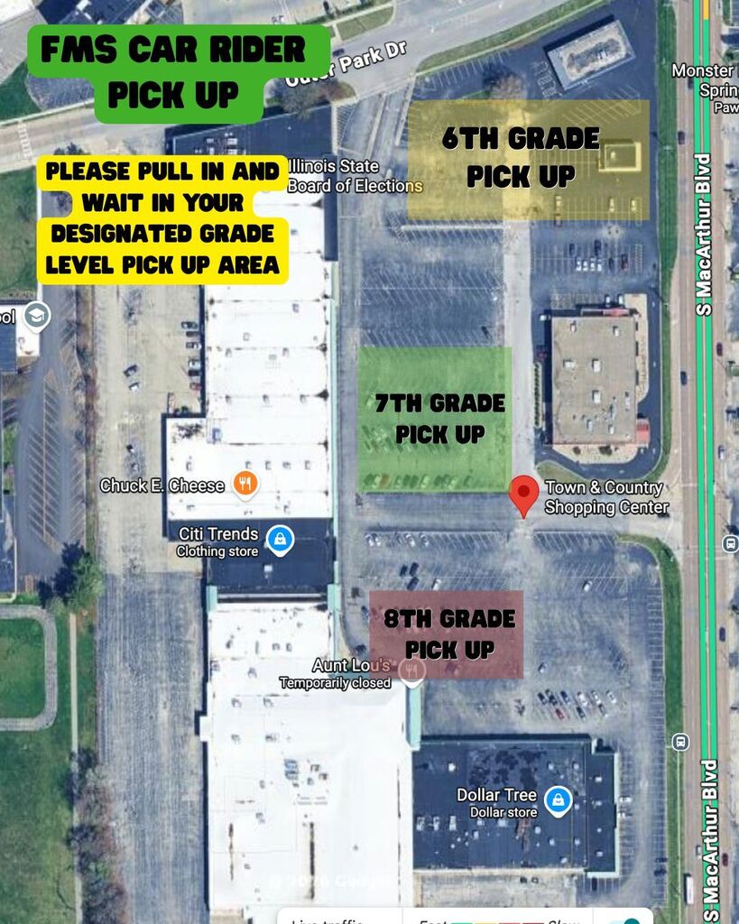 Map showing a parking lot with areas designated for 7th and 8th grade pickups, and another for FMS car rider pickup.