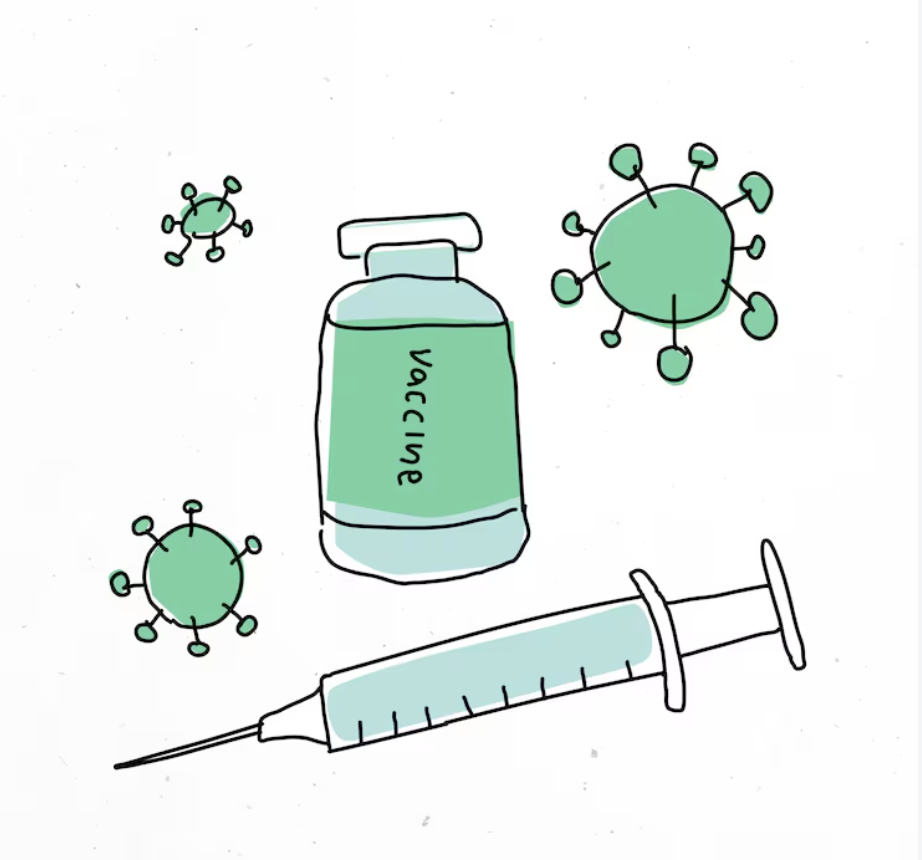 A drawing shows a bottle labeled "Vaccine", a syringe, and three illustrations of virus particles.