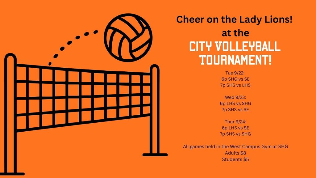An orange background displays a volleyball net and a volleyball. Text reads, "Cheer on the Lady Lions! at the City Volleyball Tournament!"