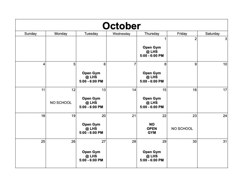A calendar for the month of October. The dates are organized into seven columns, with the first row labeled Sunday through Saturday.