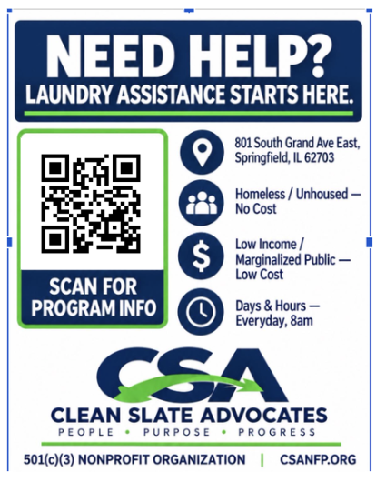 A flyer with blue and white background. "Need Help?" reads the top. Below is "Laundry Assistance Starts Here" and a QR code.