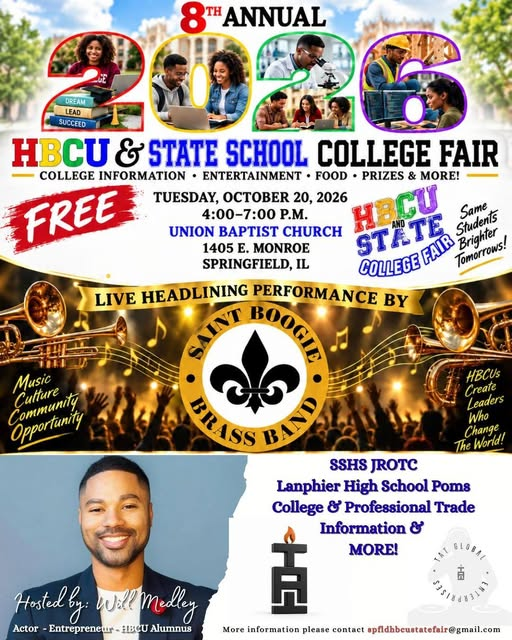 A poster for the 8th annual HBCU & State School College Fair on October 20, 2026. Features include a crowd, brass band, and a smiling man.