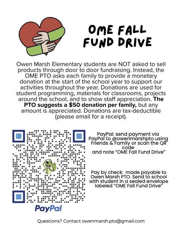 Poster with a heart graphic and text reads "OME FALL FUND DRIVE." Information on donations for Owen Marsh Elementary PTO.