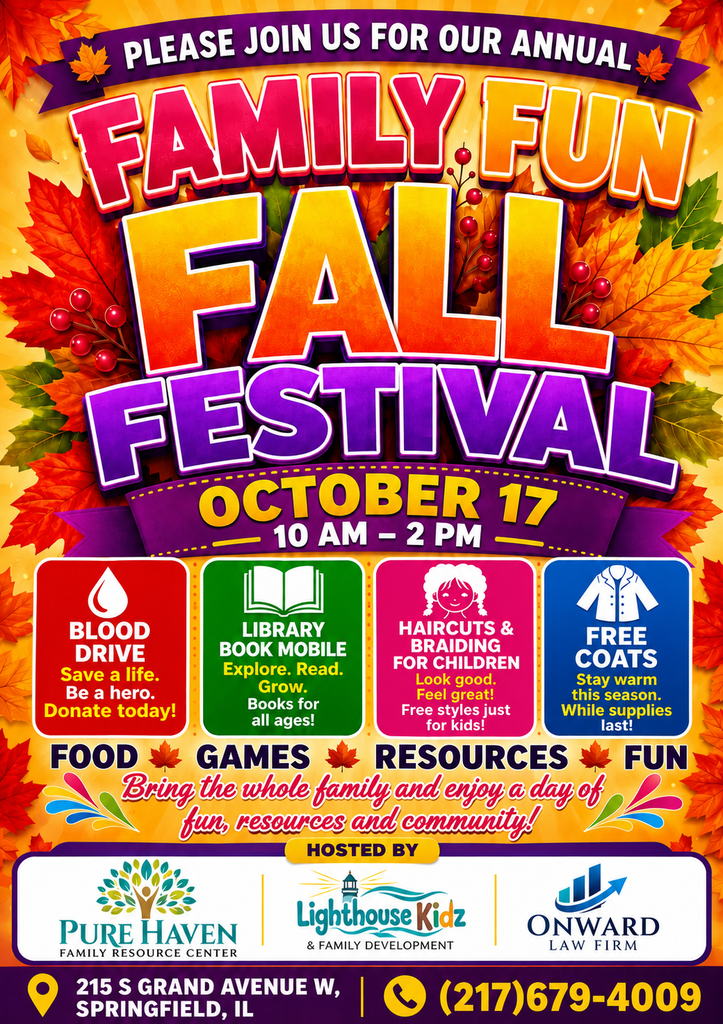 Flyer for Family Fun Fall Festival on Oct 17 from 10 AM to 2 PM. Features blood drive, library book mobile, haircuts, free coats, food, games, and resources.