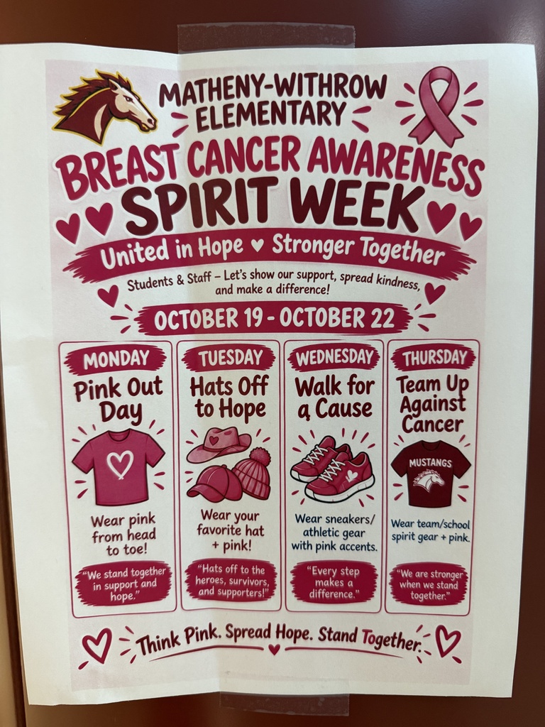 Poster with pink ribbons and hearts. Text reads "Breast Cancer Awareness Spirit Week" and lists daily activities.
