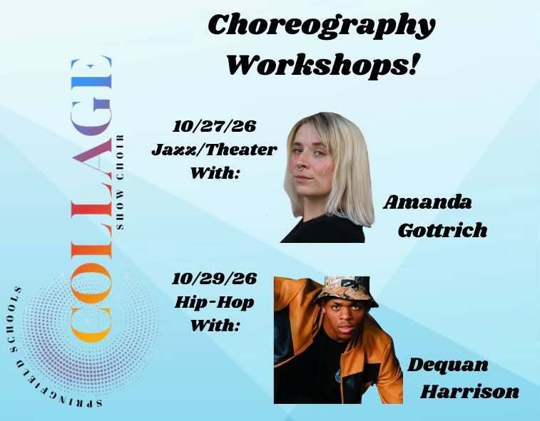 Blue and white poster with two photos of people and the text "Choreography Workshops" and dates.