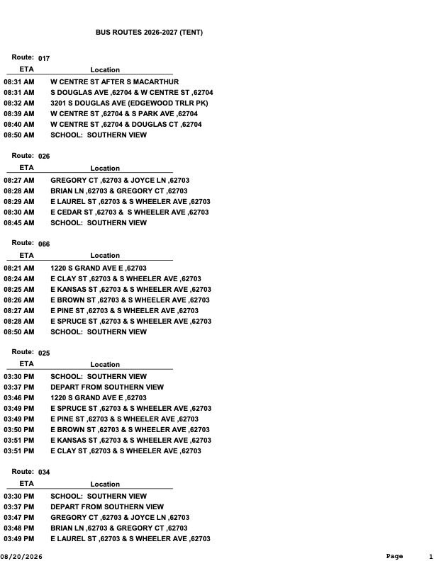Bus Route List has all of our routes listed with bus number and stop information