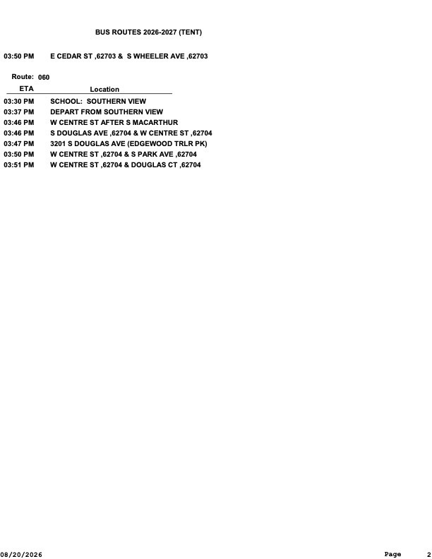 Bus Route List has all of our routes listed with bus number and stop information