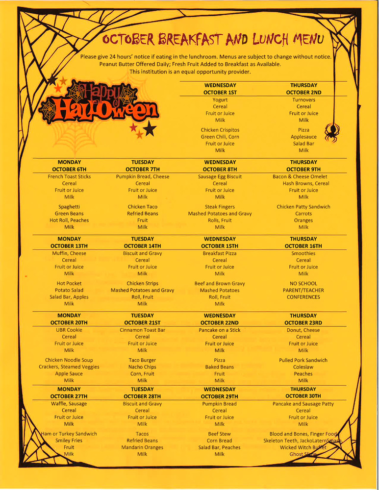 October Breakfast and Lunch Menu