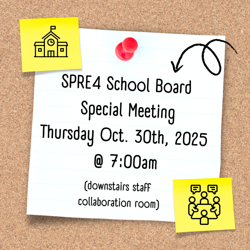 Picture of cork board with post-it notes School Board Special Meeting Thursday Oct. 30th, 2025 @ 7:00 am (downstairs staff collaboration room)