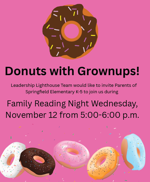 Pink background with donuts and the words Donuts with Grownups!