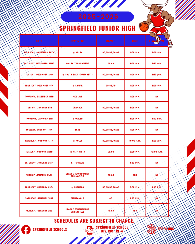 Junior High Basketball Schedule