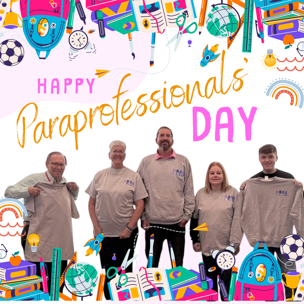 School Supplies border graphic Happy Paraprofessionals' Day Pictured: Mike Stafford, Donna Meltabarger, Melinda Bush, Hunter Barler