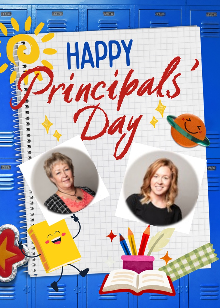 Happy Principals Day with pictures and graphics of school supplies.