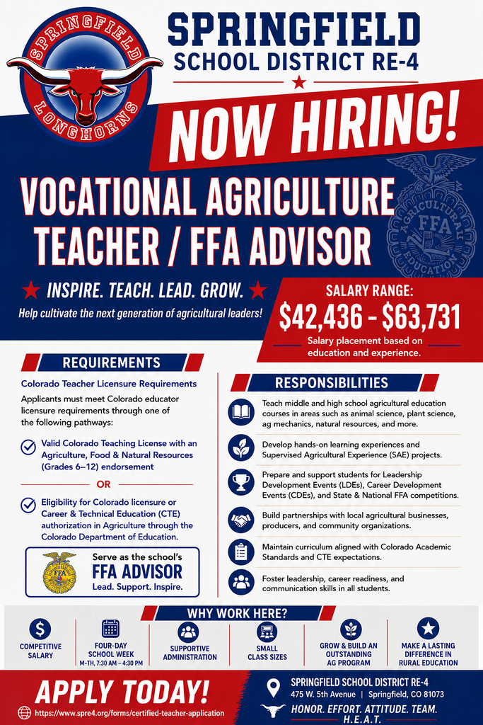 Recruitment flyer for Springfield School District RE-4 announcing an opening for a Vocational Agriculture Teacher / FFA Advisor. The flyer features the Springfield Longhorns logo at the top left with a bold red "NOW HIRING!" banner across a navy blue background. The main headline reads "Vocational Agriculture Teacher / FFA Advisor" with the tagline, "Inspire. Teach. Lead. Grow. Help cultivate the next generation of agricultural leaders!" A prominent red salary box lists the salary range of $42,436–$63,731, with salary placement based on education and experience. The left column outlines Colorado Teacher Licensure Requirements, stating applicants must meet Colorado educator licensure requirements through one of the approved pathways, including a valid Colorado Teaching License with an Agriculture, Food & Natural Resources (Grades 6–12) endorsement or eligibility for Colorado licensure or Career & Technical Education (CTE) authorization in Agriculture. A highlighted section notes that the successful candidate will serve as the school's FFA Advisor. The right column lists key responsibilities, including: Teaching middle and high school agricultural education courses. Developing hands-on learning experiences in agricultural science, mechanics, and natural resources. Supervising Supervised Agricultural Experience (SAE) projects. Preparing students for FFA Leadership Development Events (LDEs), Career Development Events (CDEs), and state and national competitions. Building partnerships with local agricultural businesses and community organizations. Maintaining curriculum aligned with Colorado Academic Standards and CTE expectations. Fostering leadership, career readiness, and communication skills. A "Why Work Here?" section highlights district benefits including: Competitive Salary Four-Day School Week (Monday–Thursday, 7:30 a.m.–4:30 p.m.) Supportive Administration Small Class Sizes Opportunity to Build an Outstanding Agricultural Program Make a Lasting Difference in Rural Education At the bottom, a large red "APPLY TODAY!" banner includes the application website: https://www.spre4.org/forms/certified-teacher-application The footer lists: Springfield School District RE-4 475 W. 5th Avenue Springfield, CO 81073 The flyer uses Springfield School District's red, white, and navy blue branding with clean icons, bold typography, and a subtle FFA emblem in the background.