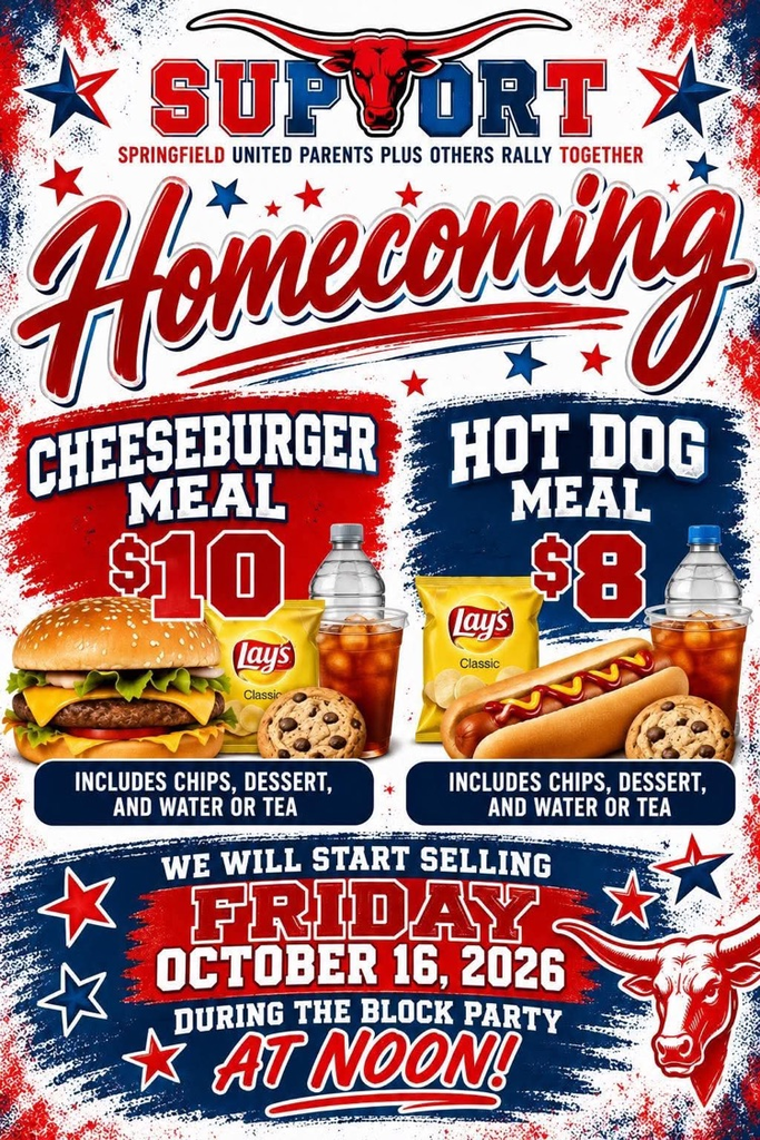 support homecoming lunch hamburger meal $10 hotdog meal $8 Friday Oct. 16 @ homecoming block party