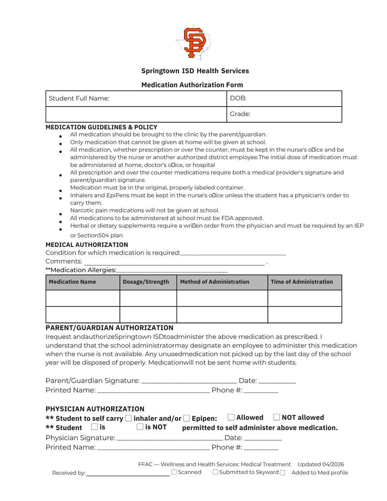 Medication Authorization Form