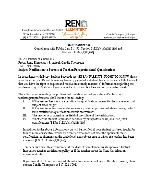 Parent Right to Know information
