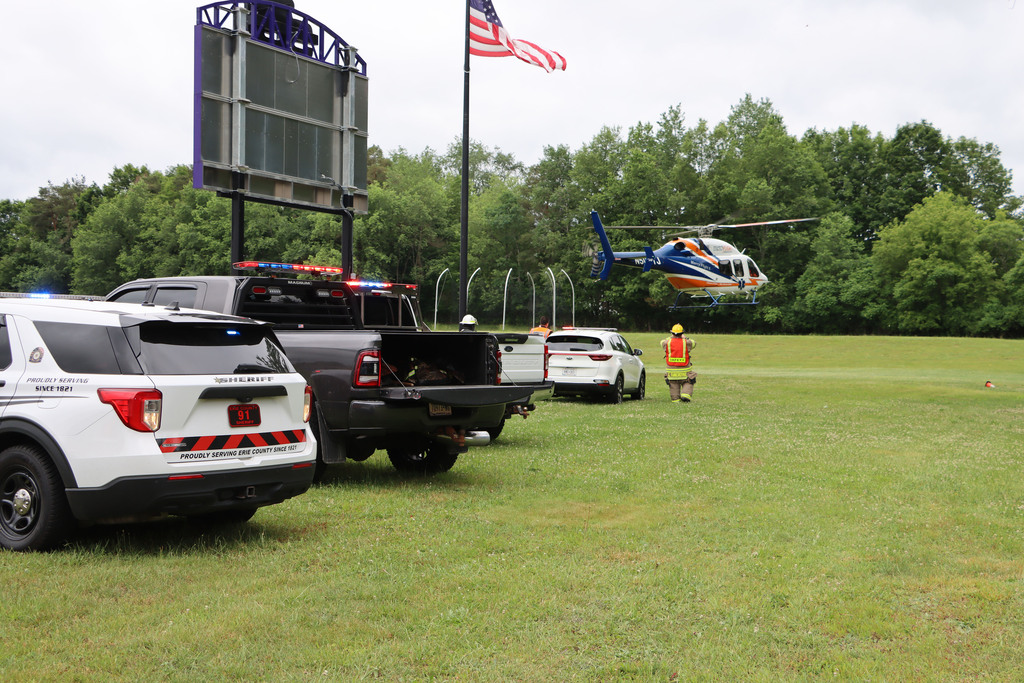 Helicopter lands. 