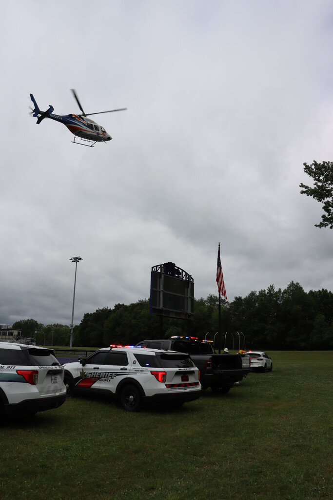 Helicopter lands. 