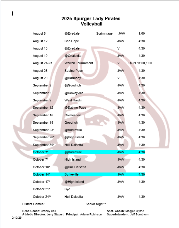 Updated Volleyball Schedule