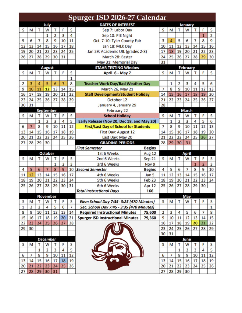 2026-2027 Spurger ISD School Year Calendar