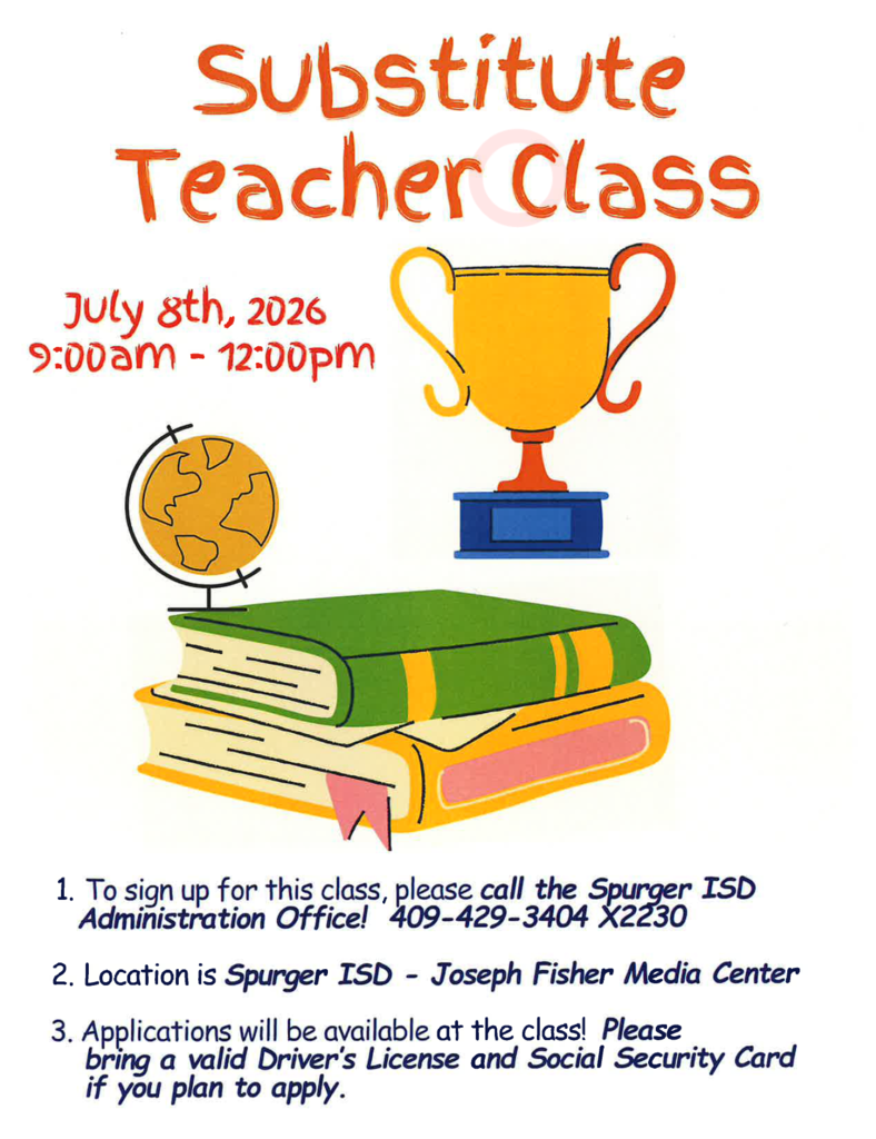 flyer for a class that will train substitute teachers that has a picture of books and a globe and a trophy cup on it