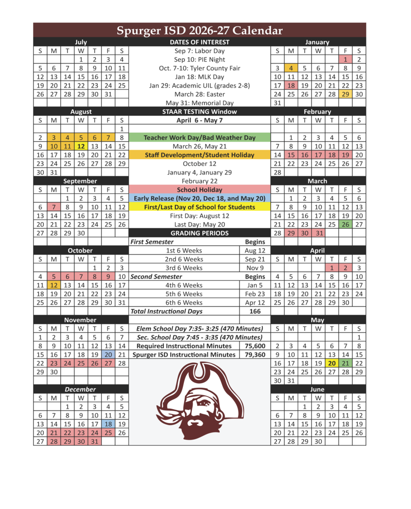 26-27 Spurger TX School calendar