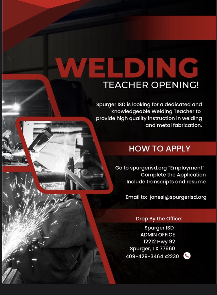 welding teacher opening at Spurger High School