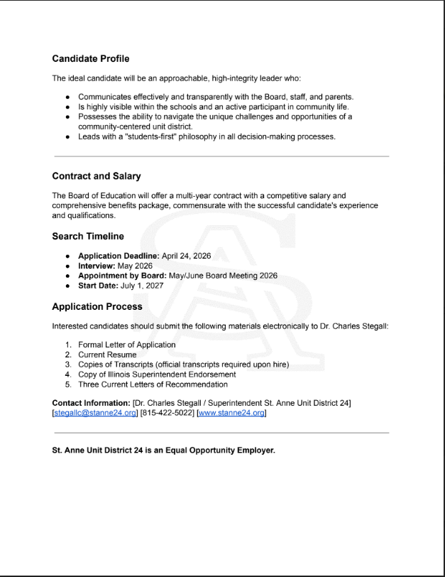 Description of Vacancy Notice for Superintendent