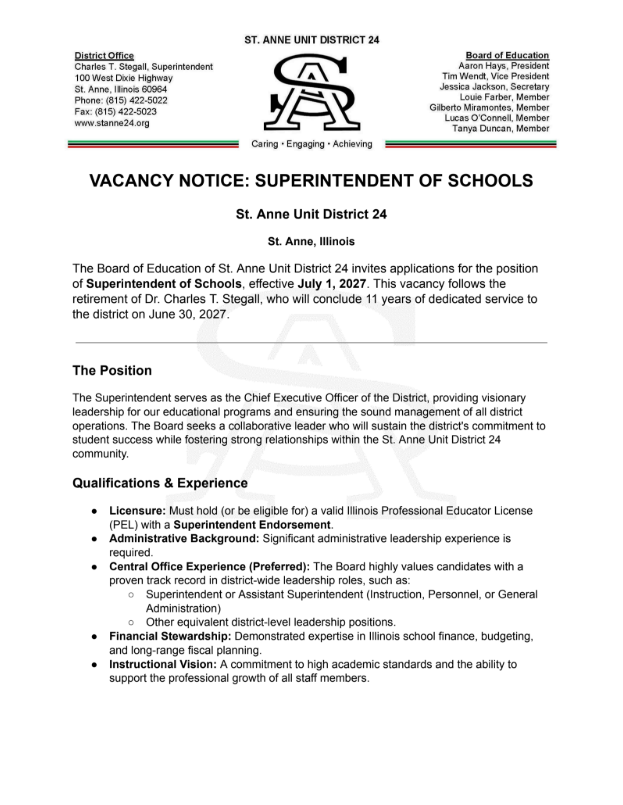 Description of Vacancy Notice for Superintendent