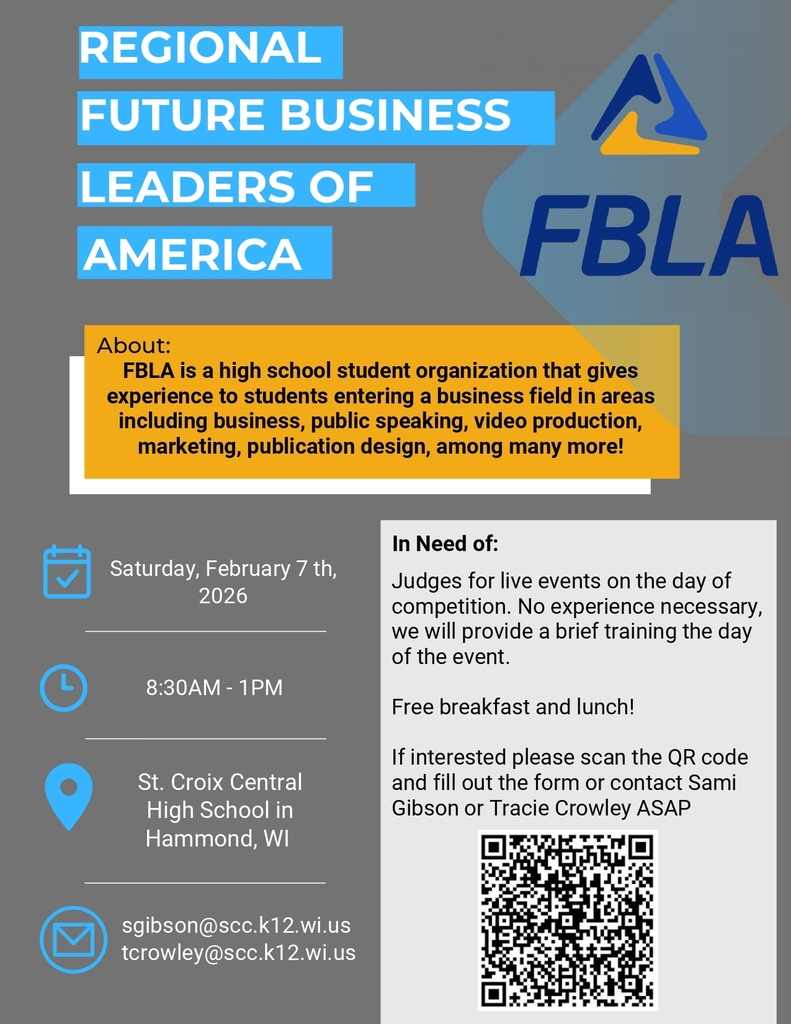 SCC FBLA is looking for judges for live events during the Regional Competition on February 7th. If interested, contact Sami Gibson (sgibson@scc.k12.wi.us) or Tracie Crowley (tcrowley@scc.k12.wi.us).
