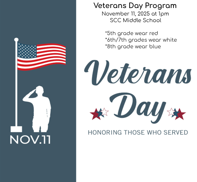 Just a reminder... SCC Middle School Veterans Day Program at 1pm tomorrow.  *Please note the grade level suggested colors. 