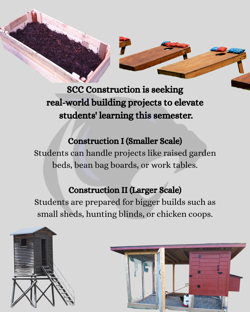 SCC Construction is seeking real-world building projects to elevate students' learning this semester.