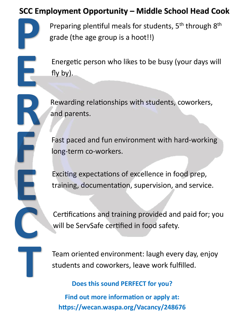 SCC is hiring - Middle School Head Cook