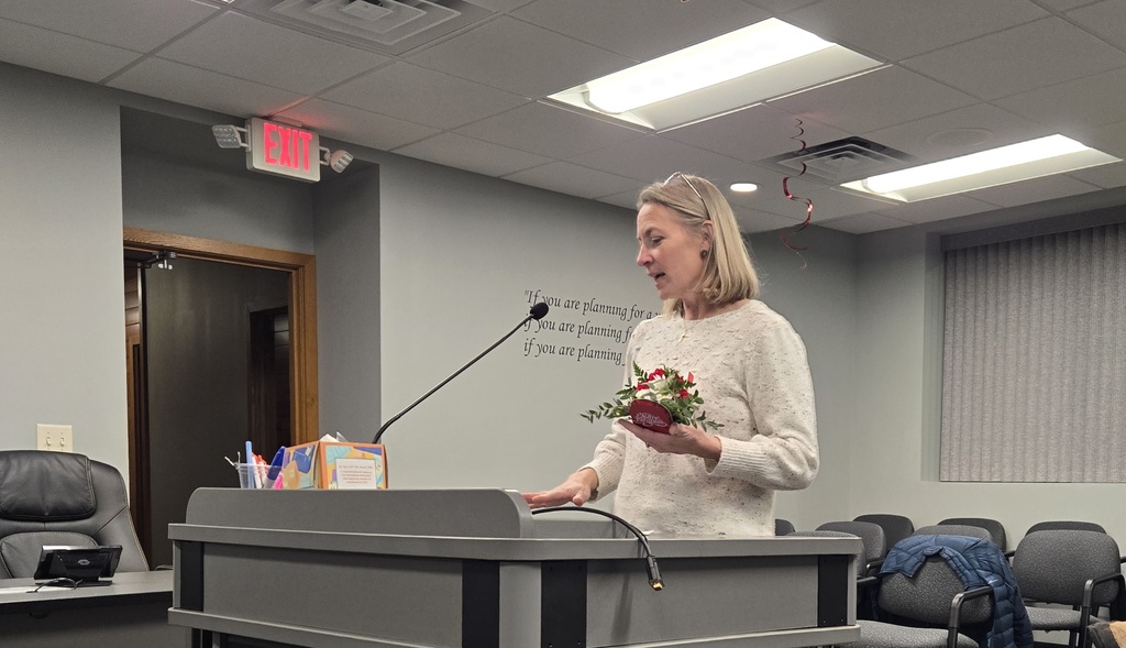 High School Agriculture Teacher Gretchen Rozeboom presents to the school board about the Panther Greenhouse & Panther Floral