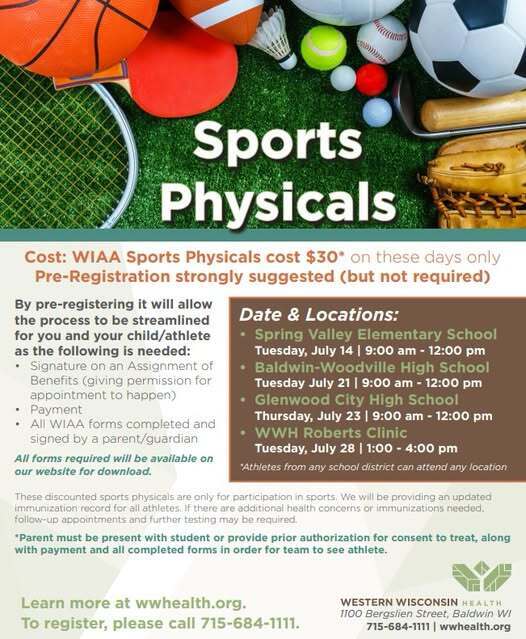 Western Wisconsin Health is offering sports phyiscals clinics during the month of July.