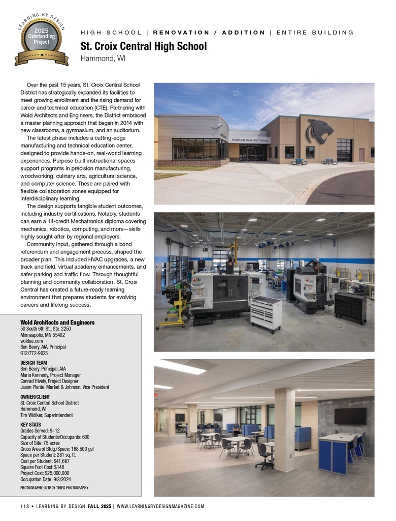 St. Croix Central CTE Addition received recognition from Learning By Design magazine as an outstanding project