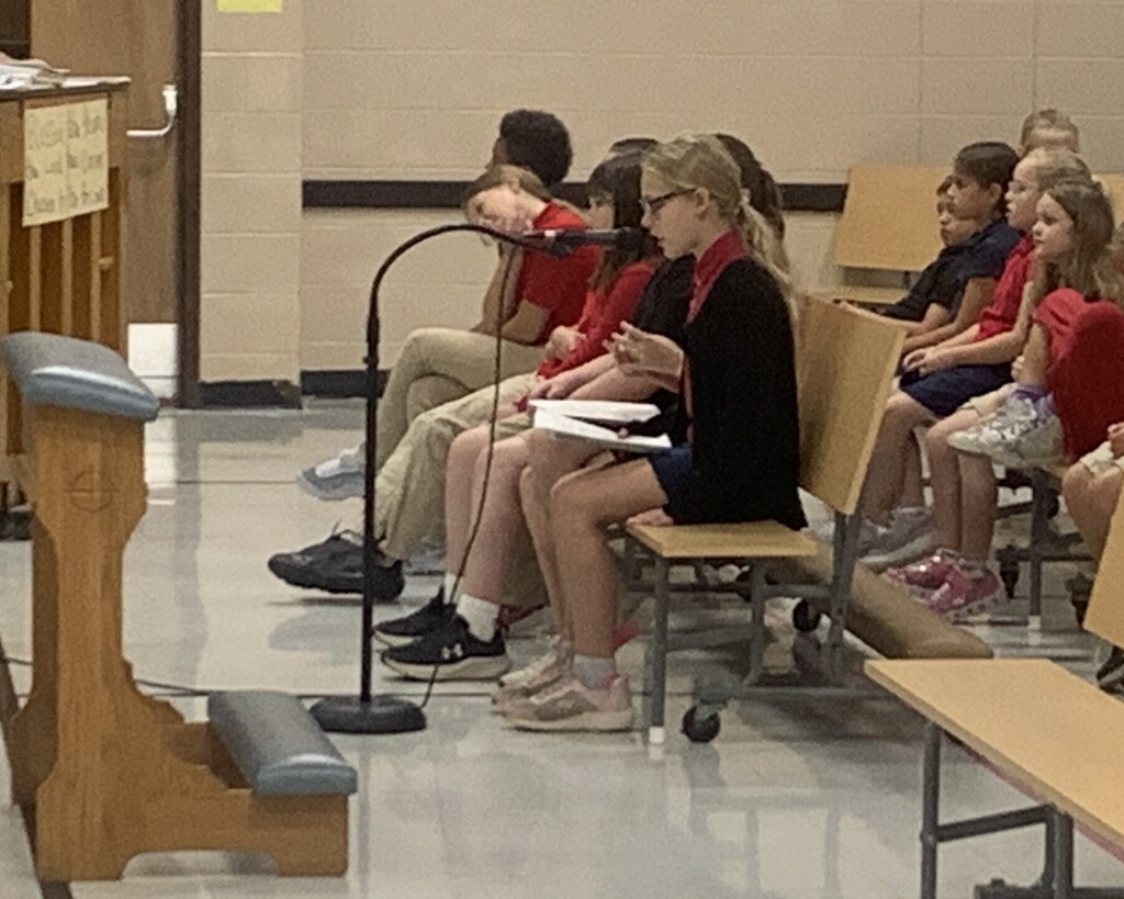 Fifth grade leaders at School Mass on Wednesday, September 16, 2026, leading the rosary before Mass.