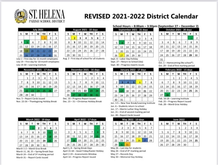 Revised District Calendar | St. Helena Parish School District