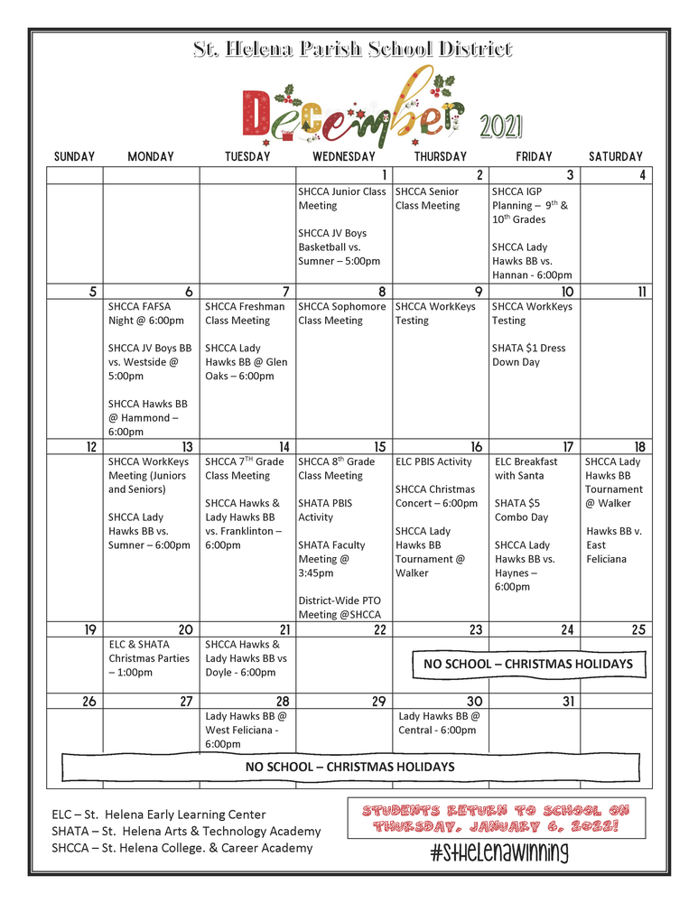 December 2021 Calendar | St. Helena Parish School District December 2021 Calendar | St. Helena Parish School District