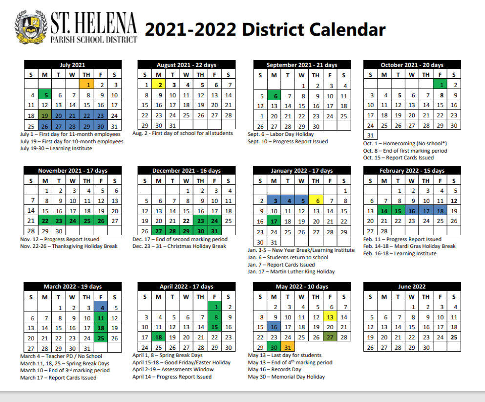 2021-2022 School Year Calendar Approved | St. Helena Parish School District 2021-2022 School Year Calendar Approved | St. Helena Parish School District