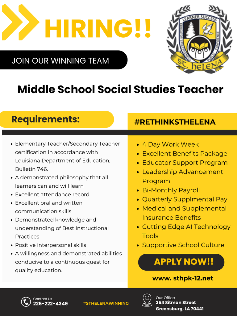 We're building a culture of excellence—one educator, one learner, one success story at a time. Join St. Helena Parish School District and help us transform tomorrow.