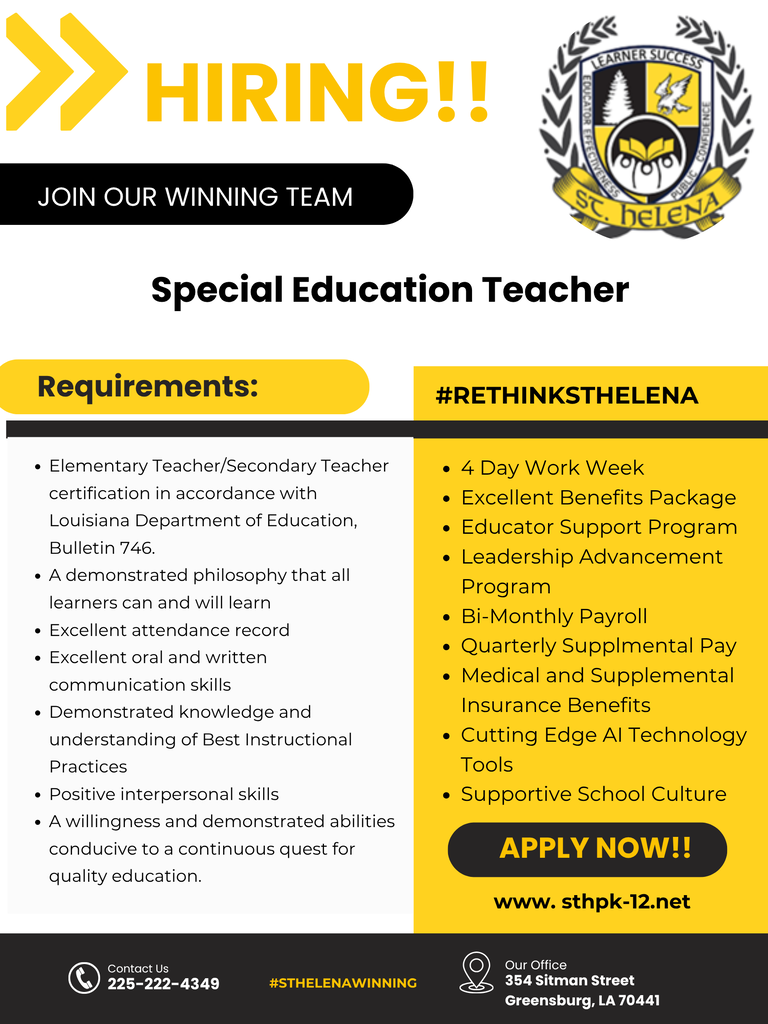 We're building a culture of excellence—one educator, one learner, one success story at a time. Join St. Helena Parish School District and help us transform tomorrow.