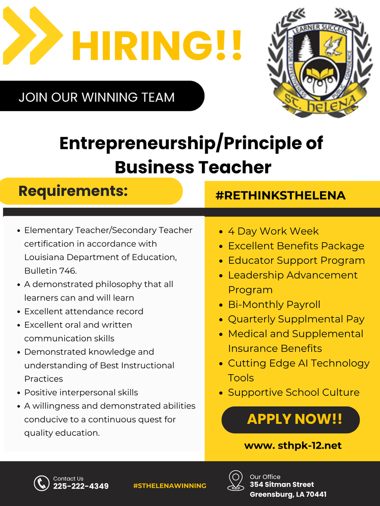 We're building a culture of excellence—one educator, one learner, one success story at a time. Join St. Helena Parish School District and help us transform tomorrow.
