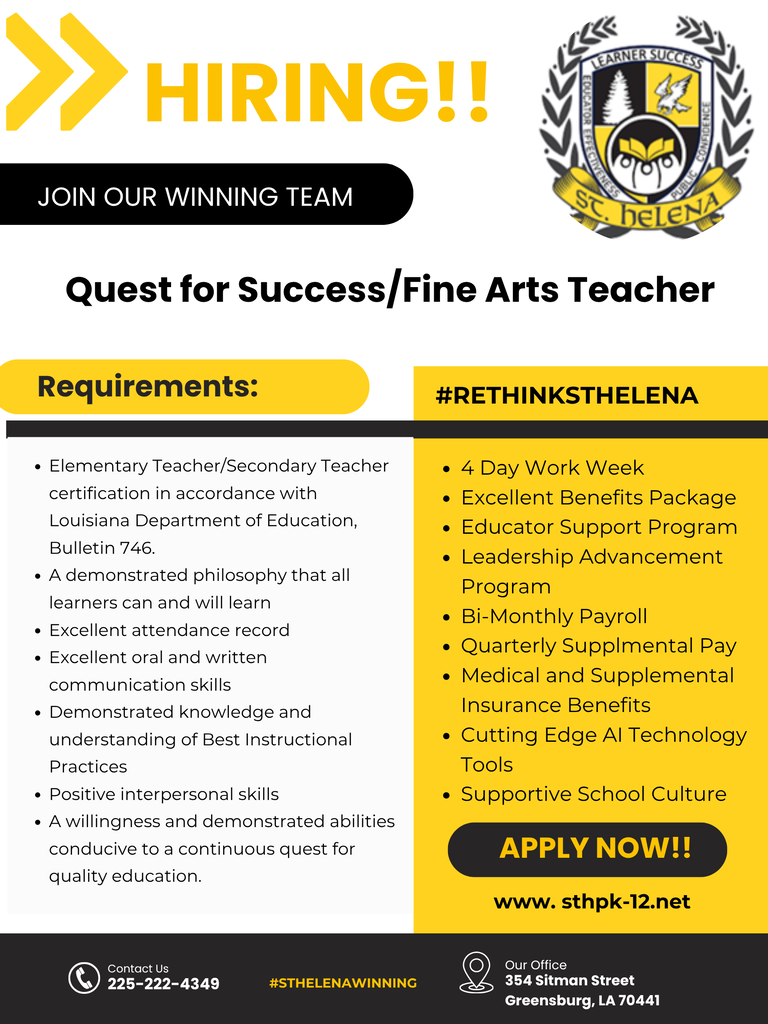We're building a culture of excellence—one educator, one learner, one success story at a time. Join St. Helena Parish School District and help us transform tomorrow.