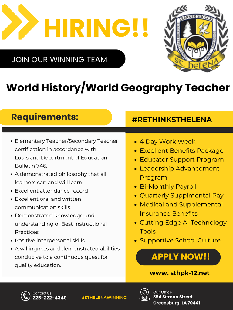 We're building a culture of excellence—one educator, one learner, one success story at a time. Join St. Helena Parish School District and help us transform tomorrow.
