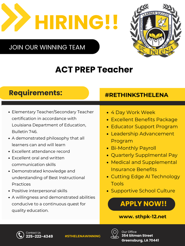 We're building a culture of excellence—one educator, one learner, one success story at a time. Join St. Helena Parish School District and help us transform tomorrow.