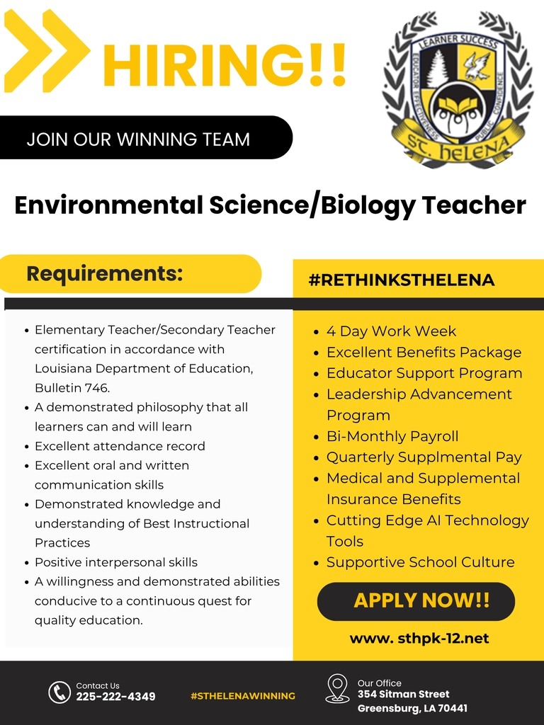 We're building a culture of excellence—one educator, one learner, one success story at a time. Join St. Helena Parish School District and help us transform tomorrow.