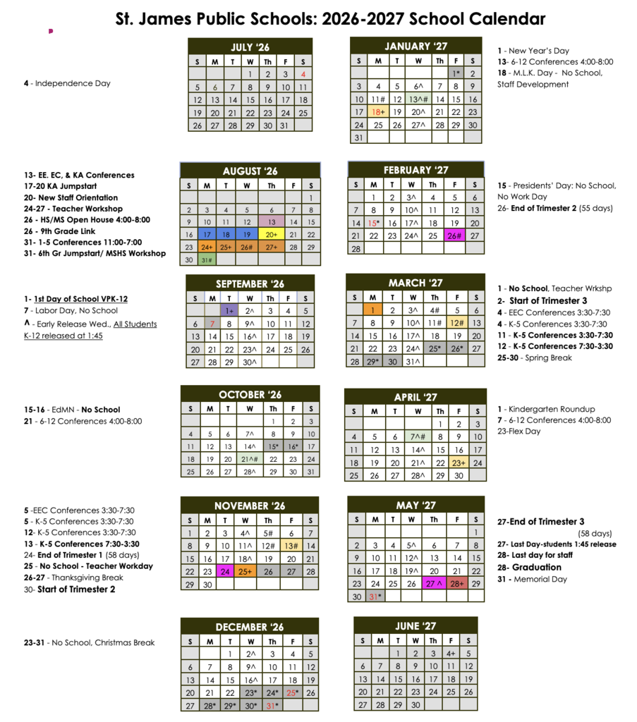 St. James 2026-2027 Calendar